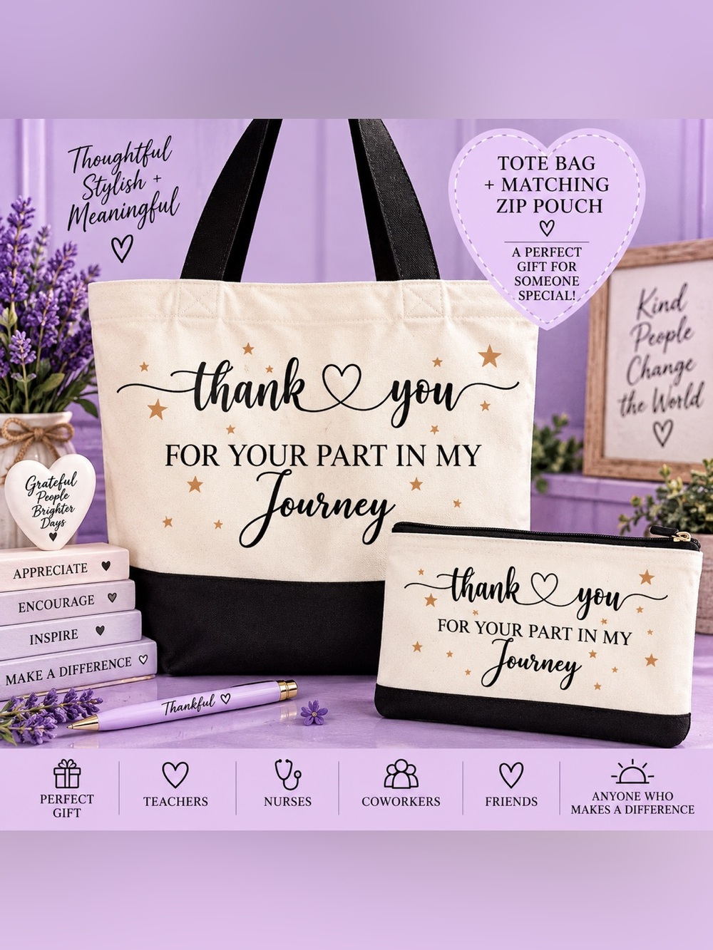 Thank You Tote Bag & Zip Pouch Set - Cream and Black with Gold Stars
